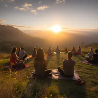 Yoga instructor leading class at sunrise on a hilltop. - Image 2