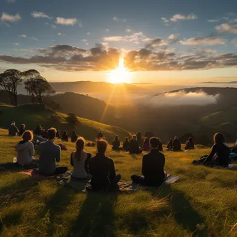 Yoga instructor leading class at sunrise on a hilltop. - Image 3