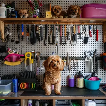 Top-down view of a pet grooming station with combs, brushes, and cute pets - Image 1