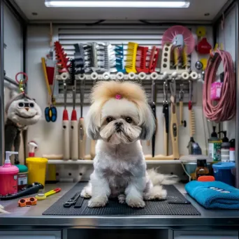 Top-down view of a pet grooming station with combs, brushes, and cute pets - Image 2