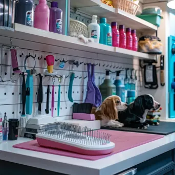 Top-down view of a pet grooming station with combs, brushes, and cute pets - Image 3