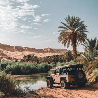 4x4 vehicle parked beside a desert oasis - Image 3