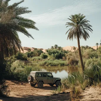 4x4 vehicle parked beside a desert oasis - Image 4