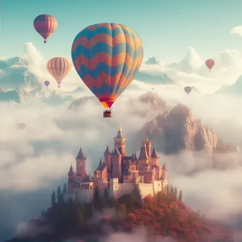 Fantasy castle in the clouds with hot air balloons - Image 2