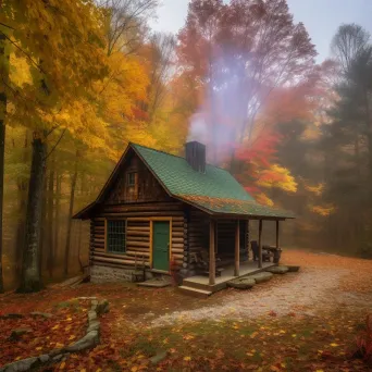 Cozy cabin covered in autumn leaves nestled in the woods - Image 1