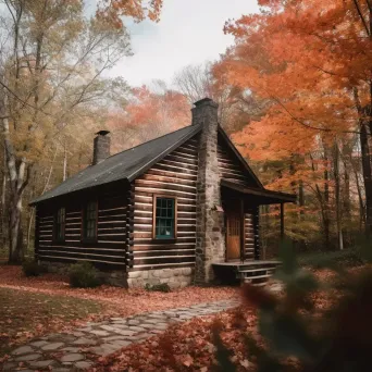 Cozy cabin covered in autumn leaves nestled in the woods - Image 2