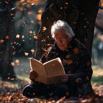 Elderly Person Reading Letters Under Tree