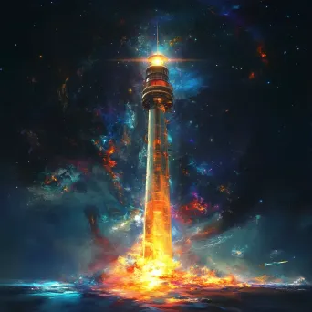 Futuristic digital art of galactic lighthouse guiding starships through the cosmic darkness - Image 3