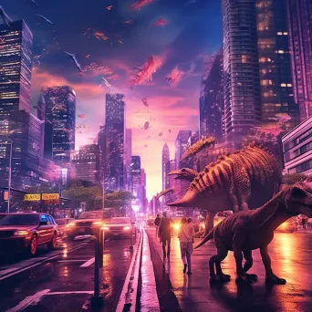 Cityscape featuring humans, dinosaurs, and skyscrapers - Image 1