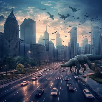 Cityscape featuring humans, dinosaurs, and skyscrapers - Image 2