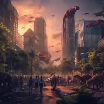 Cityscape featuring humans, dinosaurs, and skyscrapers - Image 3