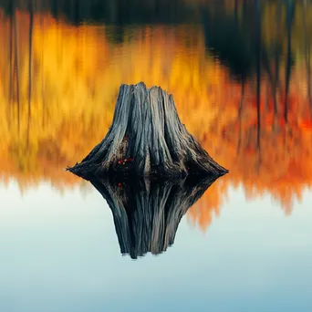 Ancient tree stump beside a calm lake reflecting autumn colors - Image 3