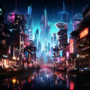 Neon-lit alien cityscape reflecting elements of cyberpunk aesthetic and futurism - Image 3