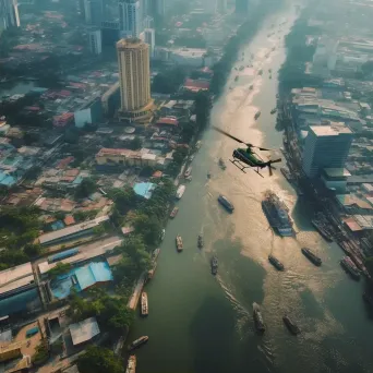 Urban river aerial view with helicopters transporting goods, cityscape scene - Image 2