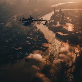 Urban river aerial view with helicopters transporting goods, cityscape scene - Image 4