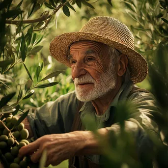 Elderly farmer hand-picking olives in a lush Mediterranean orchard. - Image 2