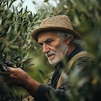 Elderly Farmer Harvesting Olives