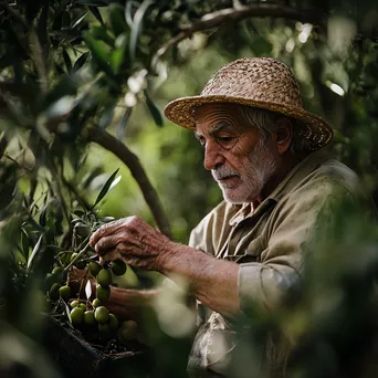 Elderly farmer hand-picking olives in a lush Mediterranean orchard. - Image 4