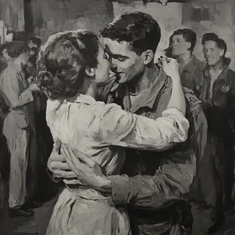 Grayscale oil painting of a 1940s war-time homecoming scene - Image 2