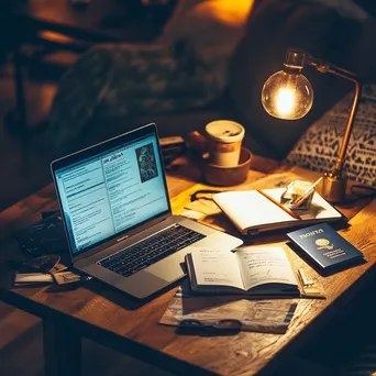 Warm-lit travel planning scene with a laptop and notebook. - Image 1