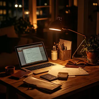 Warm-lit travel planning scene with a laptop and notebook. - Image 4