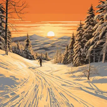 Winter skiing scene illustrated in woodcut print style - Image 1