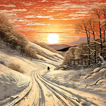 Winter skiing scene illustrated in woodcut print style - Image 3