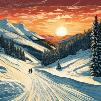 Winter skiing scene illustrated in woodcut print style - Image 4