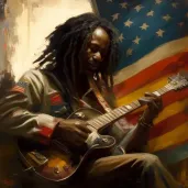 Vibrant portrayal of a musician playing guitar with a flag - Image 4