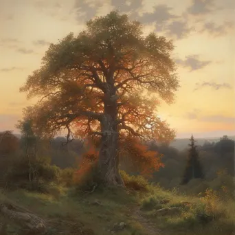 Picture of a mature oak tree standing next to a sapling in a peaceful forest at sunset - Image 1