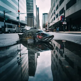 An enormous fish swimming down a wet city street with built skyscrapers surrounding it. - Image 2