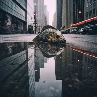 An enormous fish swimming down a wet city street with built skyscrapers surrounding it. - Image 4