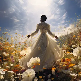 Woman standing in field of flowers reaching towards sun - Image 3