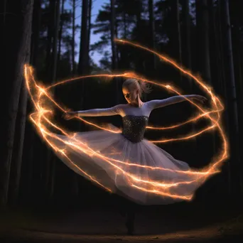 Dancer with LED sticks creating light trails in a dark forest. - Image 3