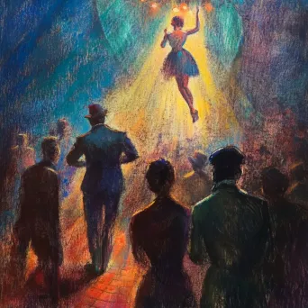 Artwork of a vibrant circus scene with dramatic shadows of performers against the spotlight - Image 2