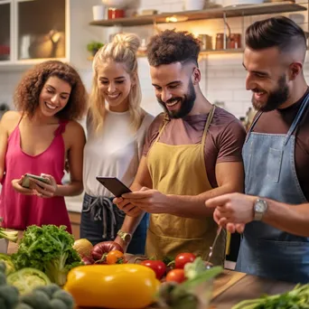 Group of friends in a cooking class making healthy meals. - Image 3