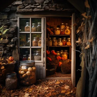 Rustic root cellar with preserved foods and autumn leaves. - Image 1