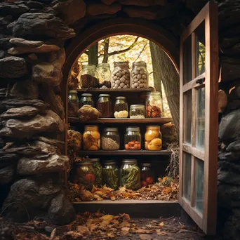 Rustic root cellar with preserved foods and autumn leaves. - Image 3