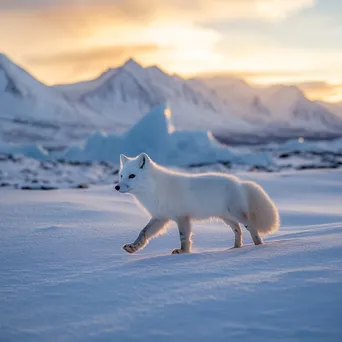 Polar fox trotting in a snowy glacier landscape at twilight - Image 2