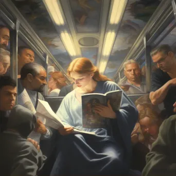 Heavenly figure reading comic in rush hour train - Image 2