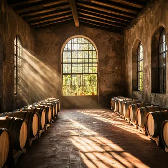 Interior view of a rustic winery with barrels - Image 1