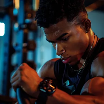 Athlete wearing smartwatch during intense workout at gym - Image 1