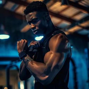 Athlete wearing smartwatch during intense workout at gym - Image 3