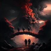 Warriors crossing bridge over fiery volcano under ominous sky - Image 2