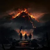 Warriors crossing bridge over fiery volcano under ominous sky - Image 4