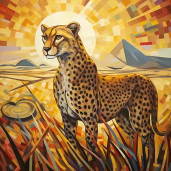 Cubist style depiction of a sunlit cheetah on the hunt on an African plain - Image 1