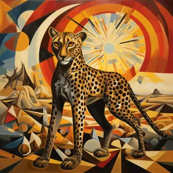 Cubist style depiction of a sunlit cheetah on the hunt on an African plain - Image 2