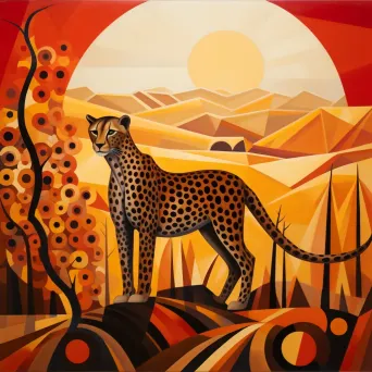 Cubist style depiction of a sunlit cheetah on the hunt on an African plain - Image 4