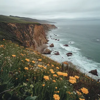 Coastal hiking trail with dramatic cliffs and blooming wildflowers beside crashing waves. - Image 4