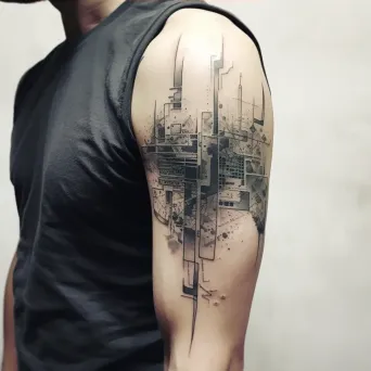 Architect with blueprint tattoos forming a modern cityscape - Image 4